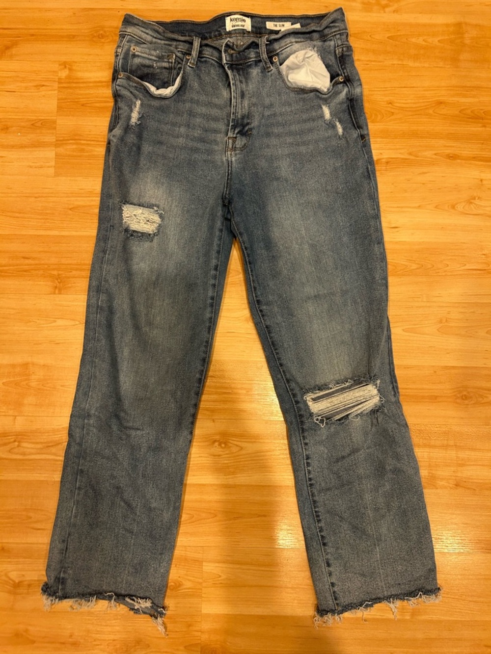 Kensie Distressed Straight-Leg Jeans in Medium Blue
